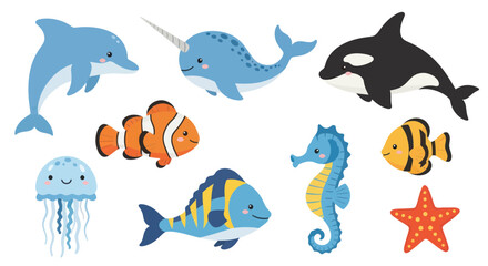 Cute Cartoon Sea Creatures Collection: Dolphin, Narwhal, Orca, Jellyfish, Clownfish © Sepeda