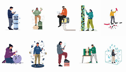 Fototapeta premium Flat illustration set of diverse people interacting with abstract technology, data visualization, and digital transformation concepts for business and software development.