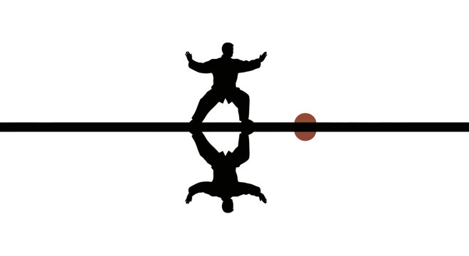 Silhouette of a martial artist in a stance above a reflective surface