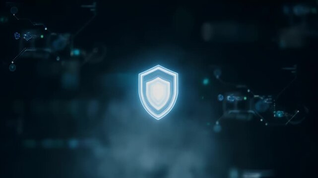 Glowing shield icon with digital network connections on dark blue background