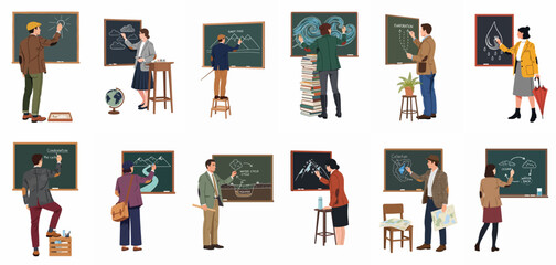 Collection of academic figures teaching geography and meteorology by drawing water cycle stages on green chalkboards. © ValentinaRestrepo