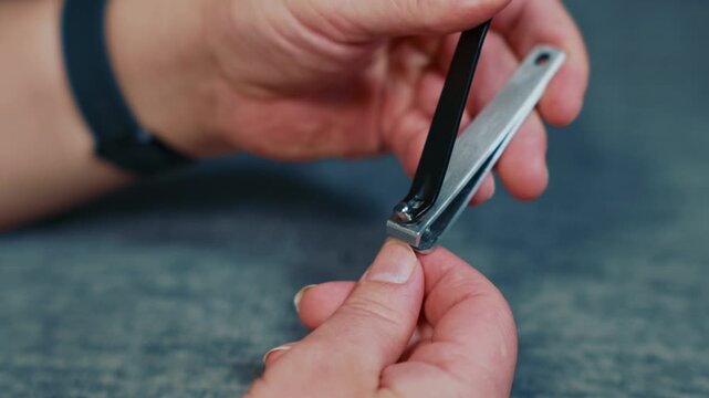 Man using metal nail clipper for fingernail trimming closeup showing personal hygiene routine and home hand care process for clean healthy nails