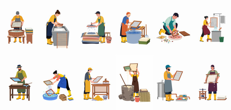 Flat vector illustration collection showing different stages of handmade papermaking craft with people using traditional tools and techniques.