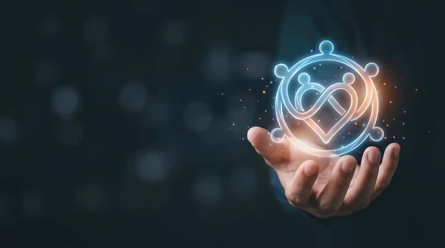 A blurred background reveals a hand reaching toward a glowing holographic icon of a heart within a circle, gently animating as it touches the UI, creating a warm, inviting atmosphere.