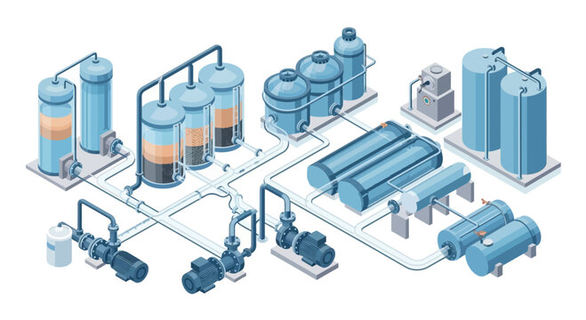 Isometric Illustration of Water Purification and Filtration System.