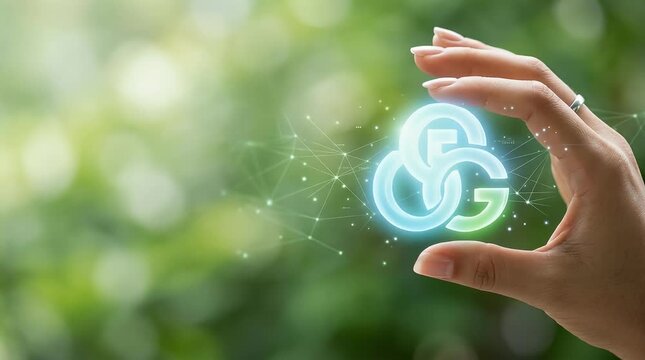 A blurred background reveals a hand reaching toward a glowing digital icon. The icon animates softly as the finger approaches, settling into a gentle touch amidst a vibrant natural setting.