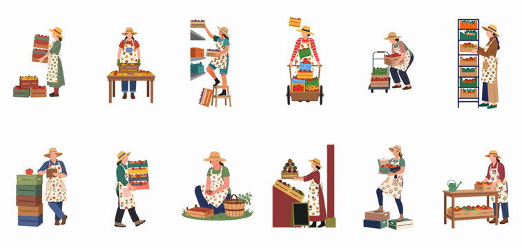 Set of diverse female farmers and market workers harvesting, sorting, and selling fresh organic produce, flat vector character illustrations.