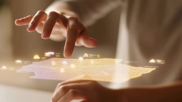 Blurred background reveals a hand gently reaching toward a glowing interactive map, icons animate as the finger approaches, settling softly as the scene stabilizes in a warm ambient light.