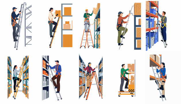 Set of warehouse workers wearing safety harnesses and using ladders to manage stock and inventory on high storage shelves in a distribution center.