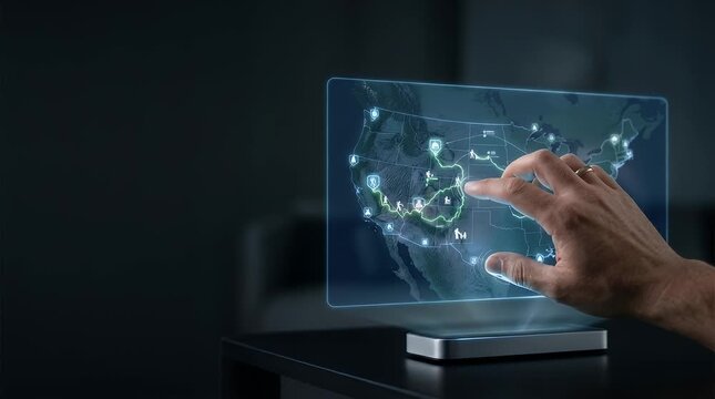 Hand touching holographic world map network on transparent digital display tablet
