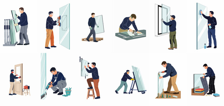 Collection of professional glazier illustrations showing workers cutting, installing, moving, and cleaning glass windows and doors in various industrial settings.
