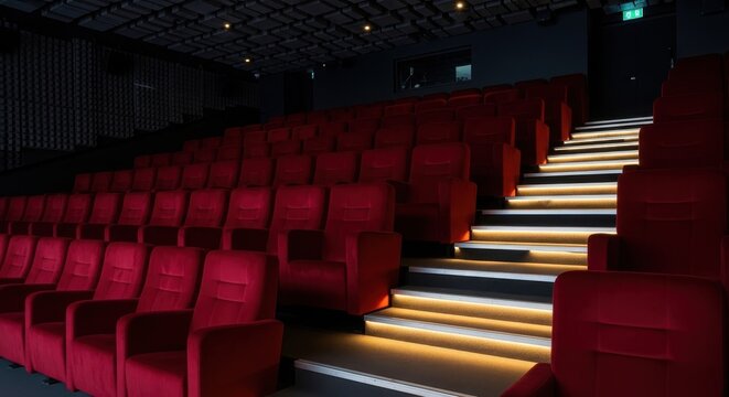 Tiered seating with plush red upholstery in a modern cinema auditorium with illuminated stairs
