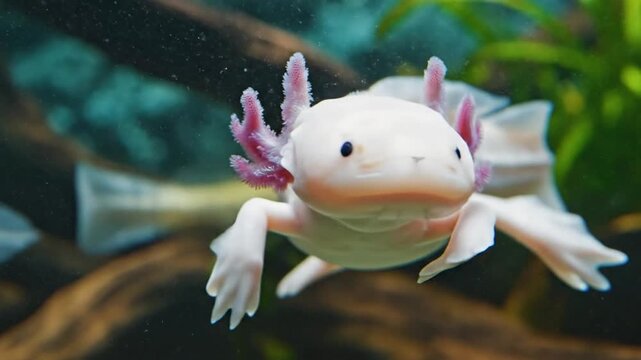 A Curious White Axolotl With Pink Feathery Gills Swimming Gracefully in its Aquarium Home