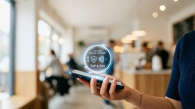 Hand holding transparent tap and pay contactless payment icon in modern retail store