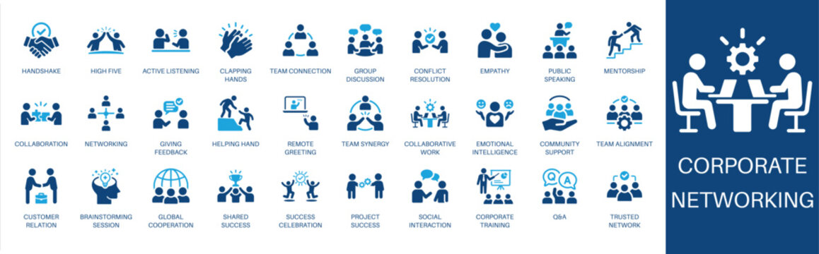 Corporate networking solid icon set. Featuring emotional intelligence, conflict resolution, team alignment, and global cooperation. Vector icons for reports, pitch decks, and HR software.