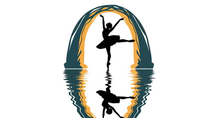 Silhouetted ballet dancer performs within arch, reflected in water © Sendal