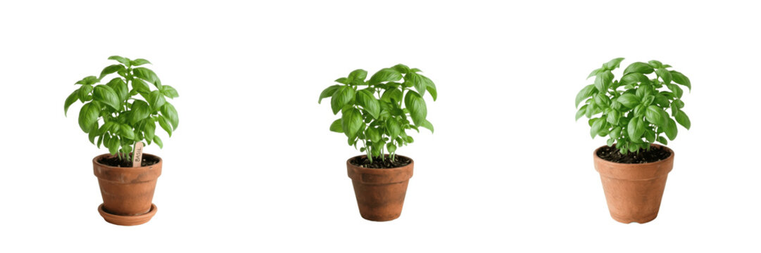 Fresh Green Basil Plant in Terracotta Pot Isolated on Transparent Background PNG