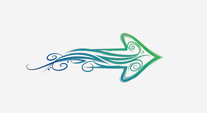 A gradient arrow with swirling abstract decorative elements, right-facing