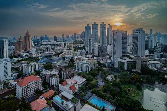 Bangkok cityscape scene with many tall buillding in cloudy sunshine day