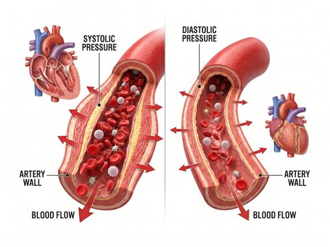 Infographic Illustrating Blood Pressure Dynamics in Human Circulatory System with Heart Diagram and Artery Cross-Section