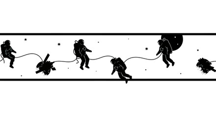 Silhouettes of astronauts tethered together float amongst stars and celestial bodies © Sendal