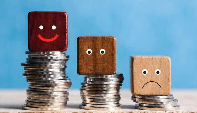 Three wooden blocks with faces on stacks of coins on a table