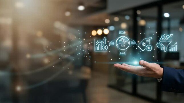 Hand Reaching Toward Holographic Business Analytics Interface