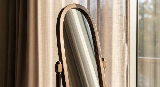 Tall Oval Dressing Mirror with Brushed Bronze Frame Standing Freely in a Light-Filled Room