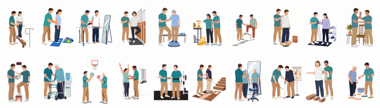 Comprehensive collection of physical therapy and rehabilitation scenes featuring a male therapist assisting diverse patients with balance, mobility, and strength exercises.