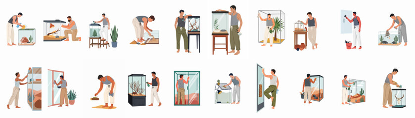 Plakat Collection of men cleaning and maintaining various terrariums and aquariums, featuring diverse hobbyists caring for their exotic pets and miniature ecosystems.
