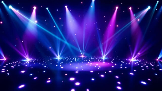 Colorful stage disco floodlight and spotlight beam light, vibrant club dance floor glow, nightclub concert party atmosphere background