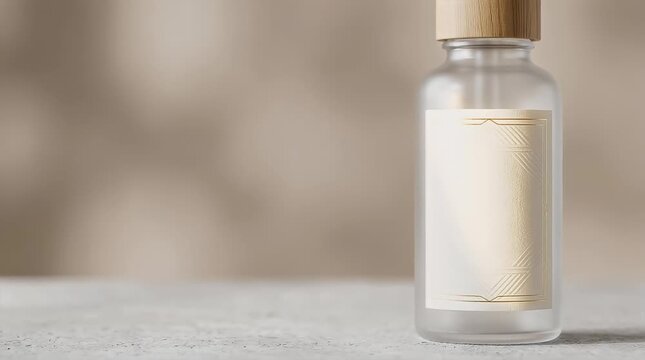 Clear glass bottle with gold label and wooden cap on neutral beige background