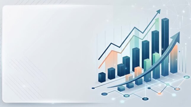 3D isometric business analytics dashboard with rising bar charts and upward growth arrow