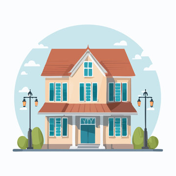 Illustration of a Two-Story House with Porch and Street Lamps