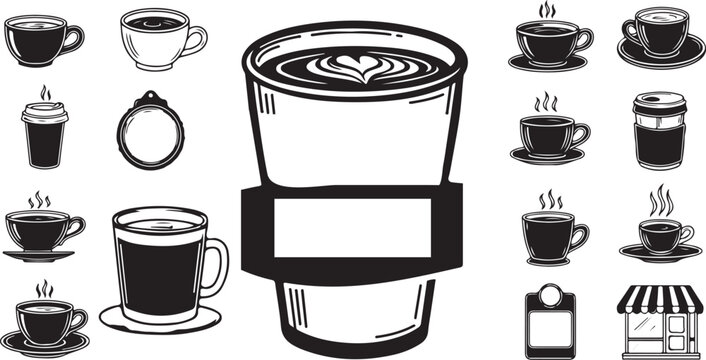 Coffee cups and hot drinks vector icons with beverage