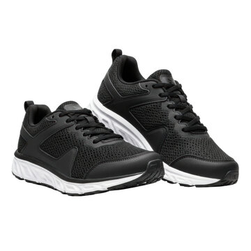 A pair of black athletic running shoes with white midsoles isolated on a transparent background with soft studio lighting concept of sports footwear design