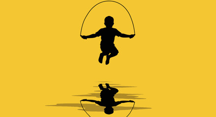 A silhouette of a child jumping rope is reflected on a yellow background © Sendal