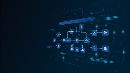 Fototapeta na wymiar AI workflow automation artificial intelligence. ai agent with search function, data sources, filtering nodes, coding steps, and automation system.
