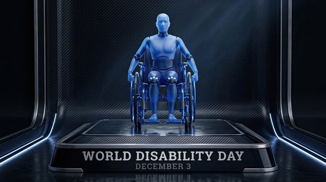 The Future of Accessibility: A digital blue human figure in a futuristic wheelchair, representing progress and hope for people with disabilities, stands on a pedestal for World Disability Day.