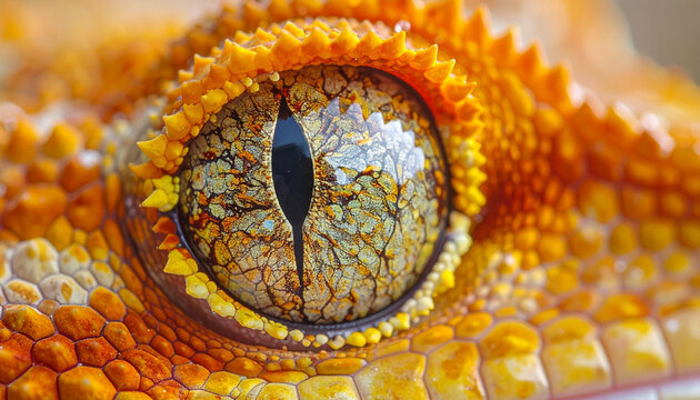 Close-up of a gecko's eye reveals sharp focus on its textured, orange scaled face.