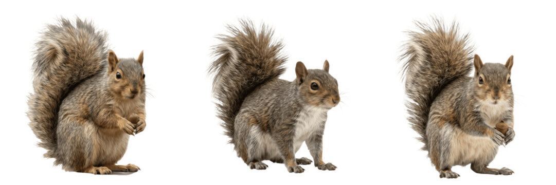 Fluffy Grey Squirrel Sitting Upright Isolated on Transparent Background PNG