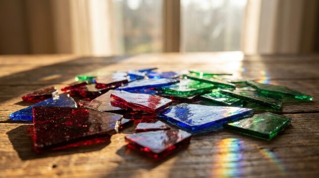 Colorful jewel-toned stained glass fragments scattered on a wooden surface near a sunlit window, catching light and creating a prismatic rainbow effect.