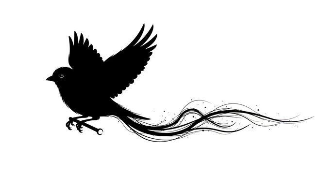Black silhouette bird in flight with flowing, wispy tail trails
