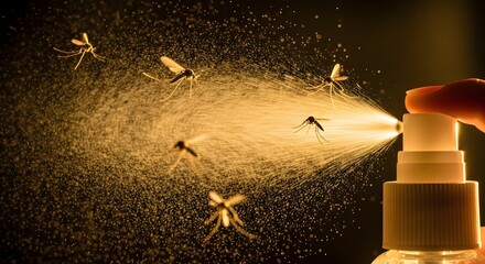 Fototapeta premium Insect repellent spray being applied to a swarm of mosquitoes at night. Concept of pest control, protection from insect bites, malaria prevention, and hygiene in a warm, glowing atmosphere