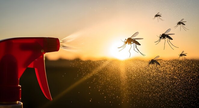 Red spray bottle discharging mist at a swarm of mosquitoes during a golden sunset. Concept of outdoor pest control, insect protection, malaria prevention, and summer healthcare protection