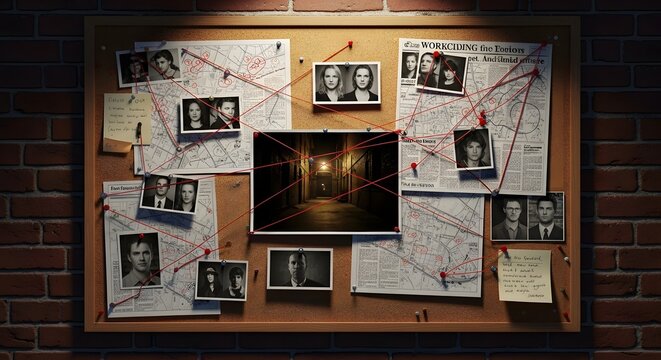 Vintage police investigation board with suspect photos and evidence
