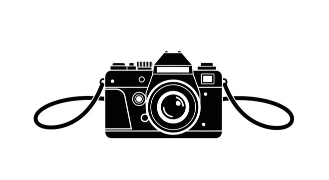 Black silhouette of a vintage camera with a strap