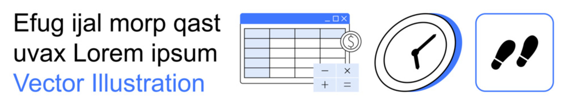 Time tracking, data entry, productivity tools, business planning, task organization, reporting systems. Spreadsheet, clock footsteps icons. Time tracking and data entry concept