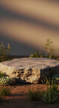 Stone pedestal for product display in outdoor desert garden