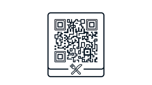 A minimalist black and white QR code featuring a fork and knife icon, commonly used for digital restaurant menus.